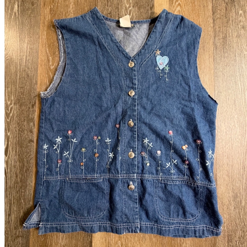 Teddi Denim Vest Womens Medium Blue Embroidered Beaded Floral Heart Vintage